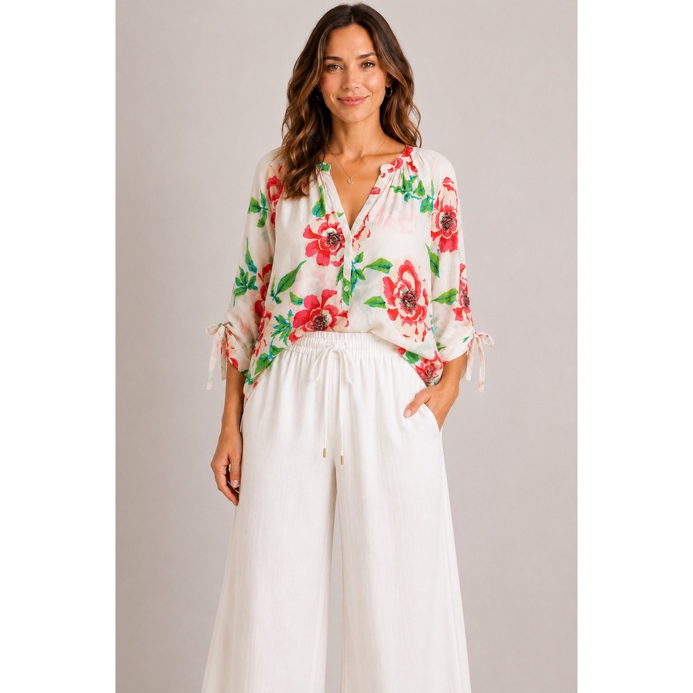 Yumi Kim 100% Silk Floral Blouse Women's Ivory Pink Green Peasant Top Medium
